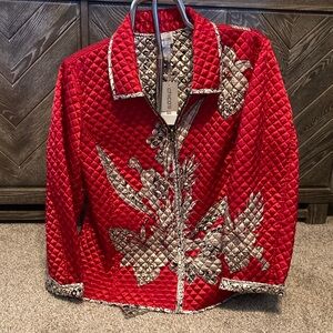 NWT Chicos Red Quilted blossom reversible Jacket with Silver Floral Design